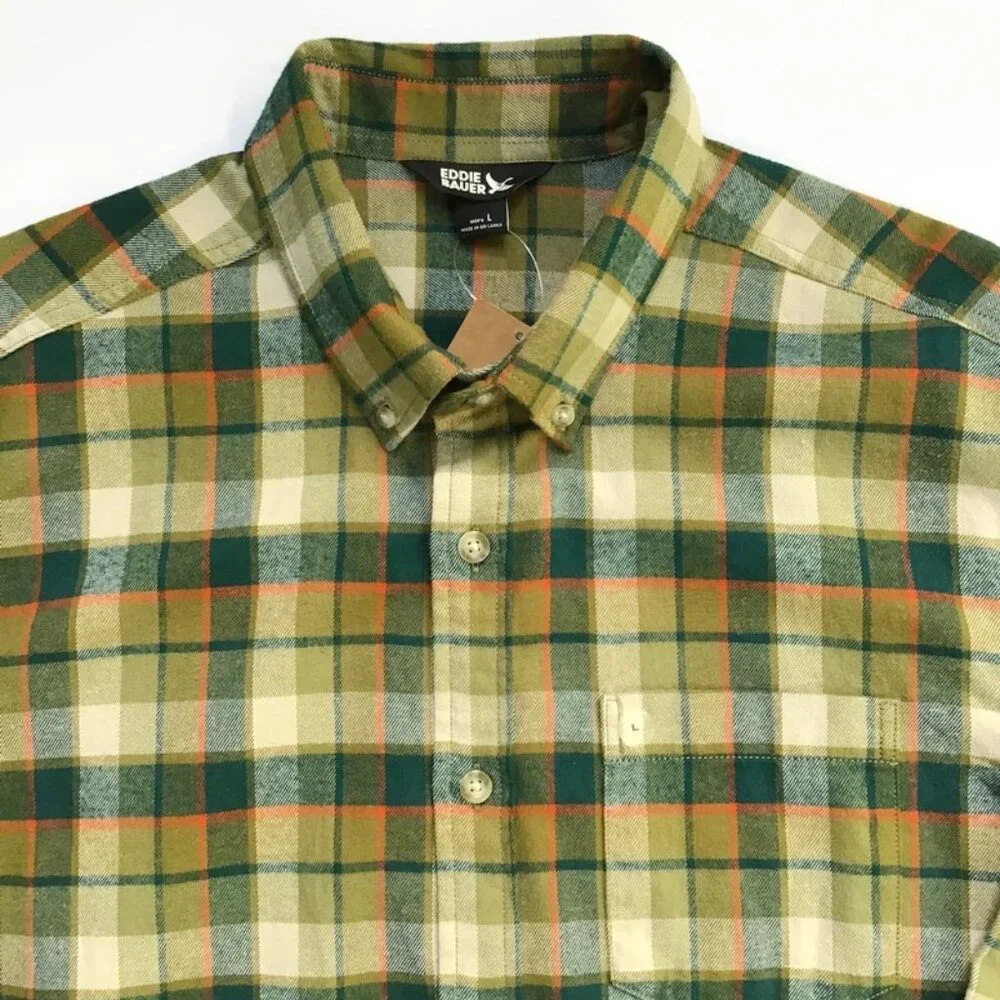 Eddie Bauer Mens Field Flannel Shirt L Green Plaid 100% Cotton Button Down L/S - Picture 3 of 8
